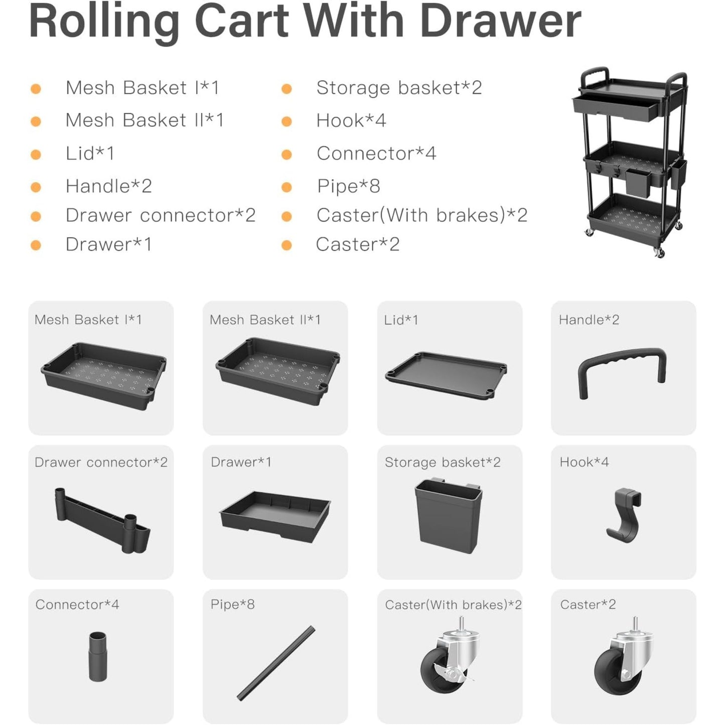 Rolling 3 Tier Utility Cart with Drawer Storage Organizer, Black