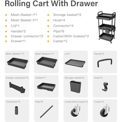 Rolling 3 Tier Utility Cart with Drawer Storage Organizer, Black