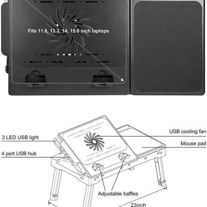 Laptop Desk Foldable W/Cooling Fan USB Hub LED Light Stand Table