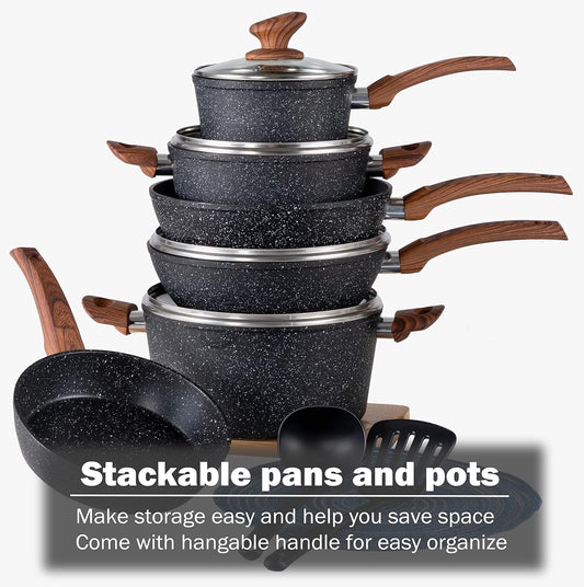 Induction Cookware Sets 12 Pce Nonstick Pots and Pans Set, Black