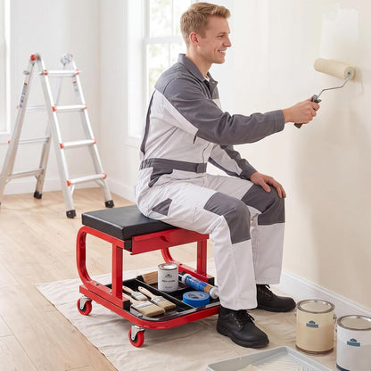 Rolling Mechanic Stool W/Magnetic Drawer & Tool Tray Creeper, Red