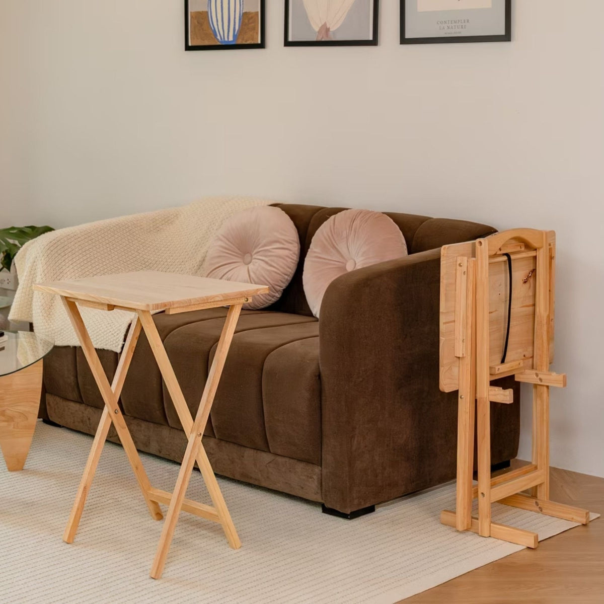 Folding Trays W/Storage Rack 2 Tray Table 3-Piece Set, Natural