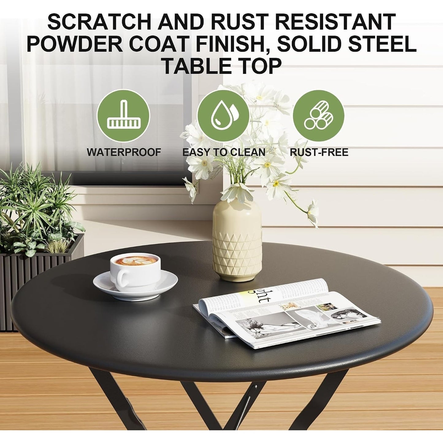 Outdoor Furniture Set 3-Pcs Folding Balcony Steel Frame Set-Black
