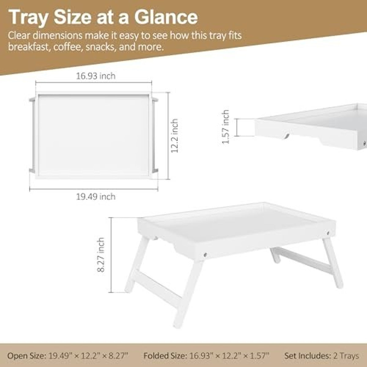 Bamboo Breakfast Tray Folding Legs Breakfast Set of 2 Tray, White