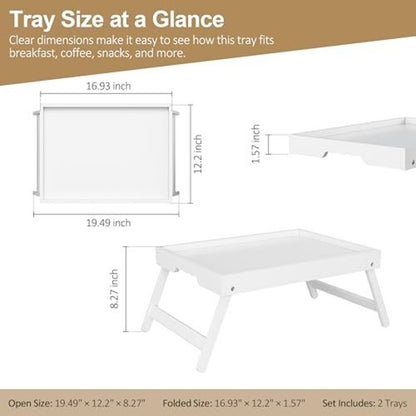 Bamboo Breakfast Tray Folding Legs Breakfast Set of 2 Tray, White