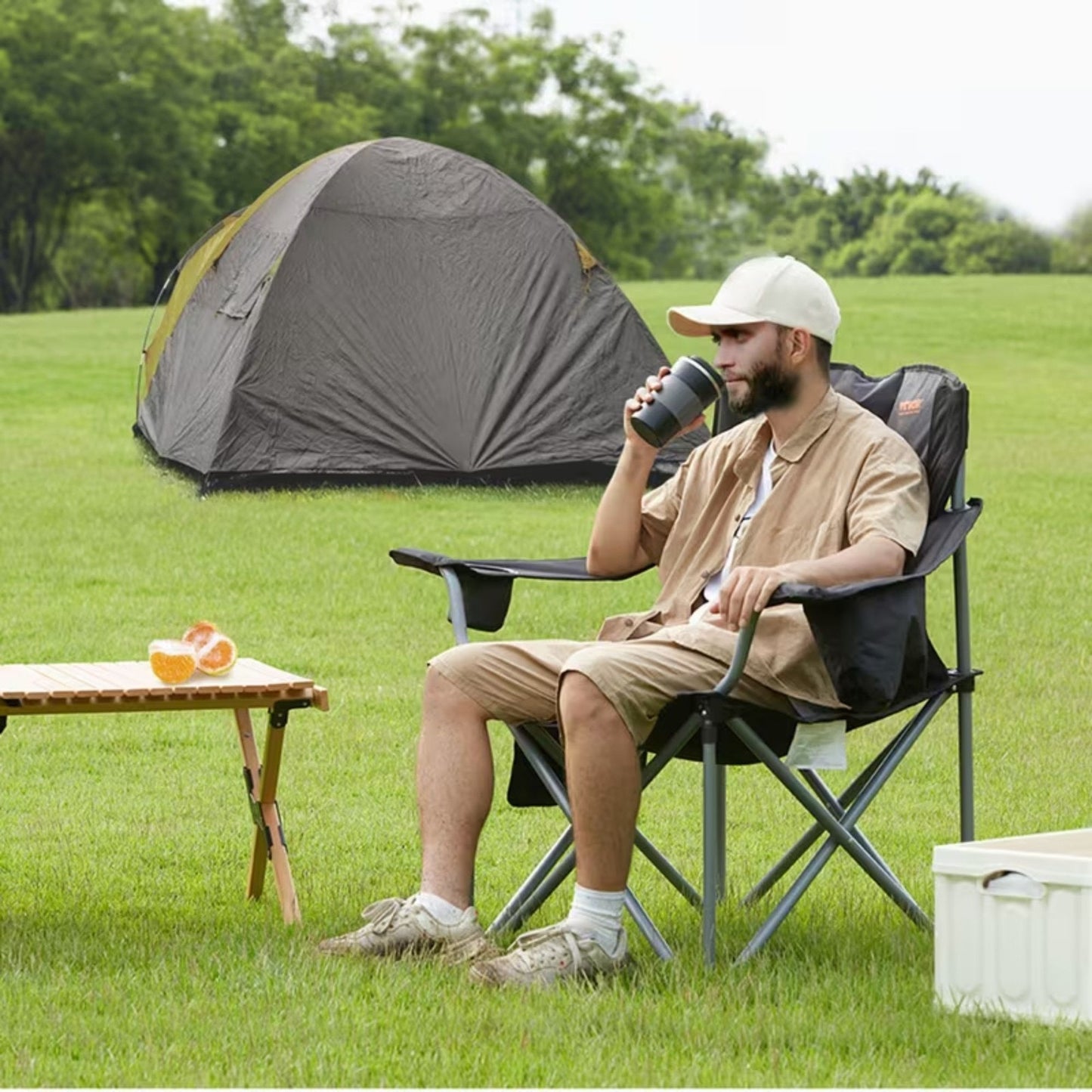 Camping Chair Padded Lumbar Support Cooler Bag Cup Holder, Black