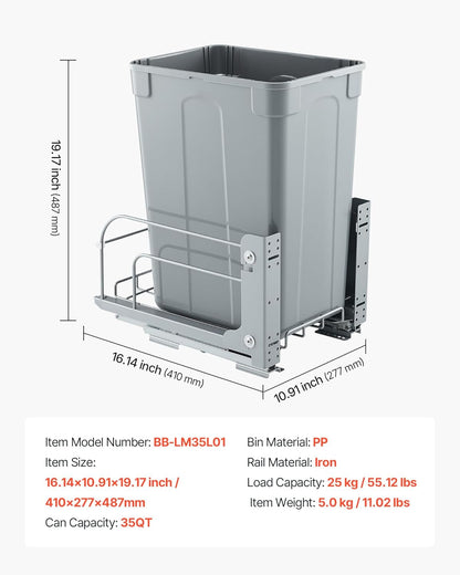 Pullout Trash Can 35Qt Bin With Soft Close Sliding System