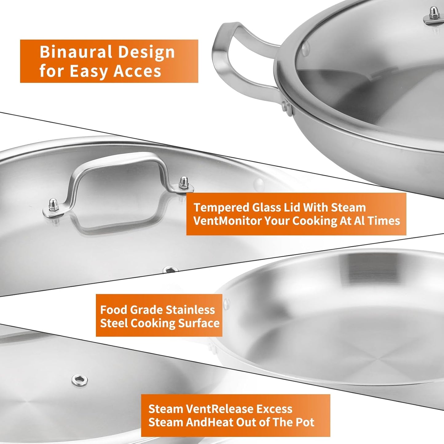 Paella Pan W/Lid Tri-Ply Stainless Steel Large Skillet, 13.5"