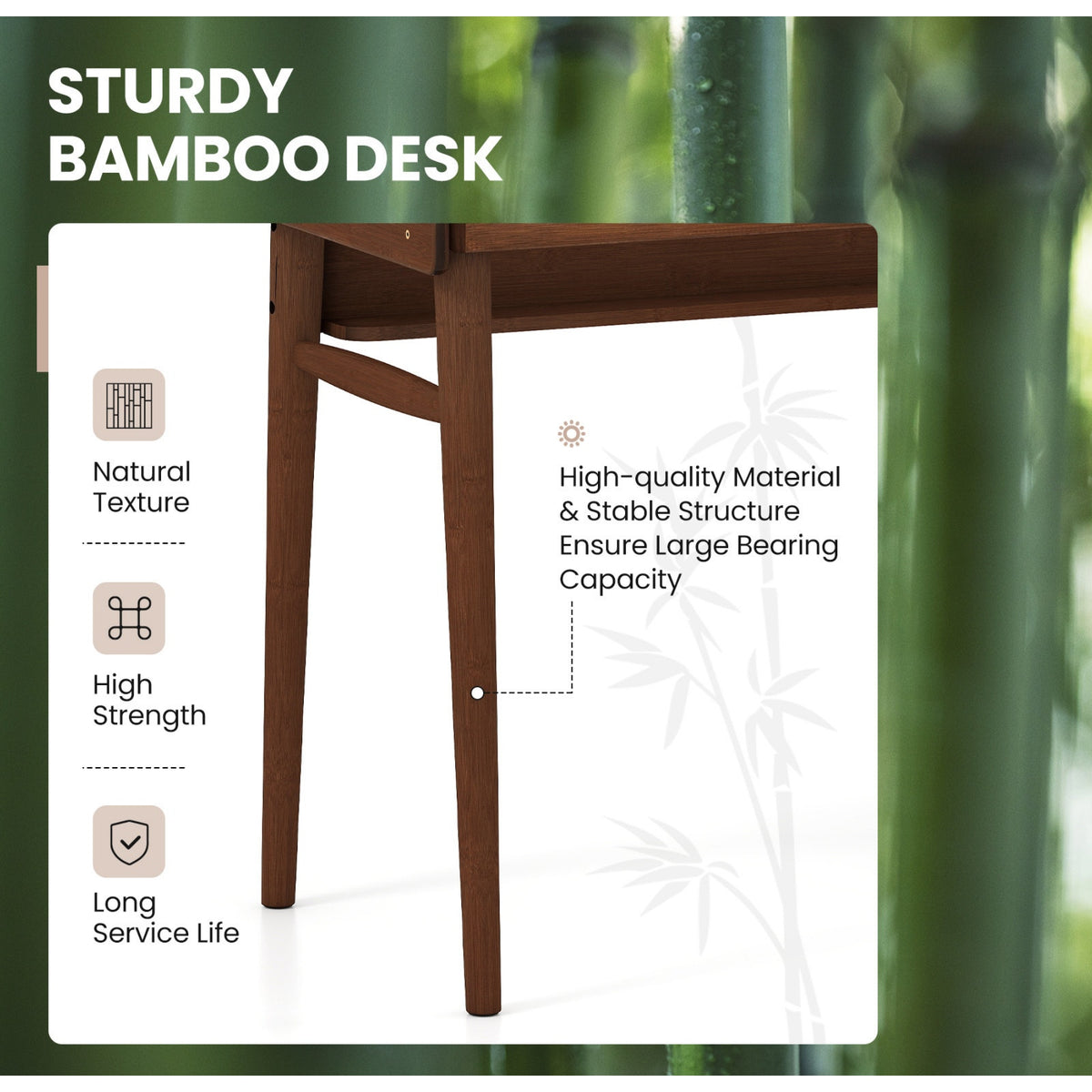 Bamboo Writing Desk W/2 Drawers & Open Shelf Study Desk, Walnut