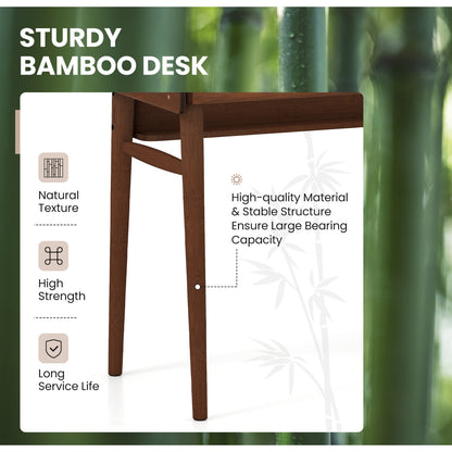 Bamboo Writing Desk W/2 Drawers & Open Shelf Study Desk, Walnut