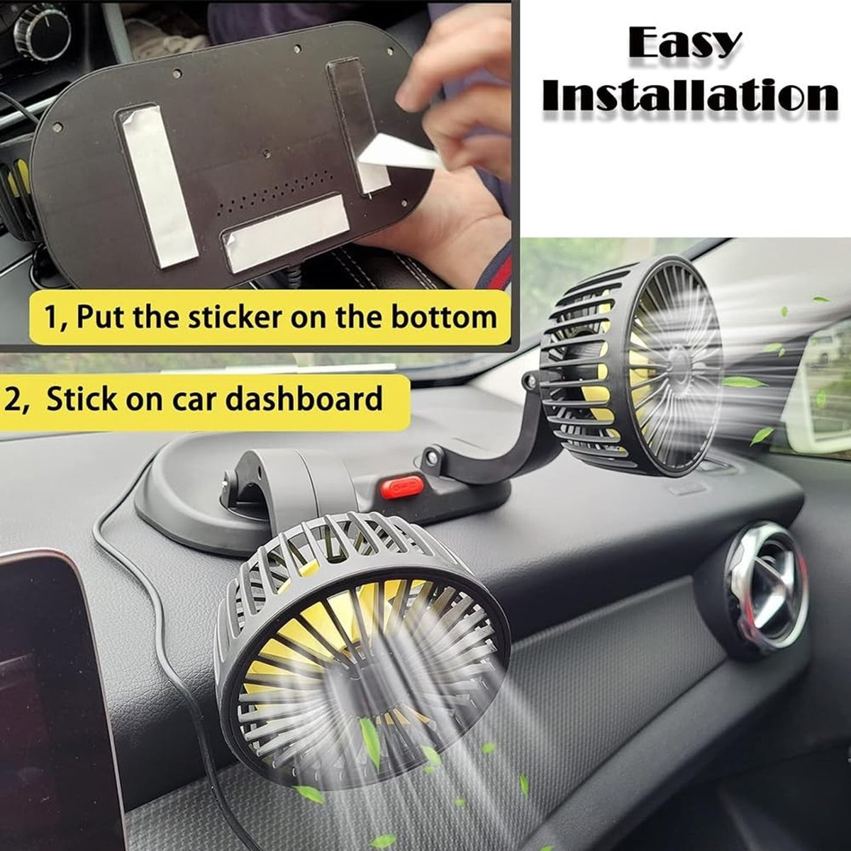Dual Head Fan 12V Car Cooling 360° Rotatable Quiet & Powerful Automotive Fan