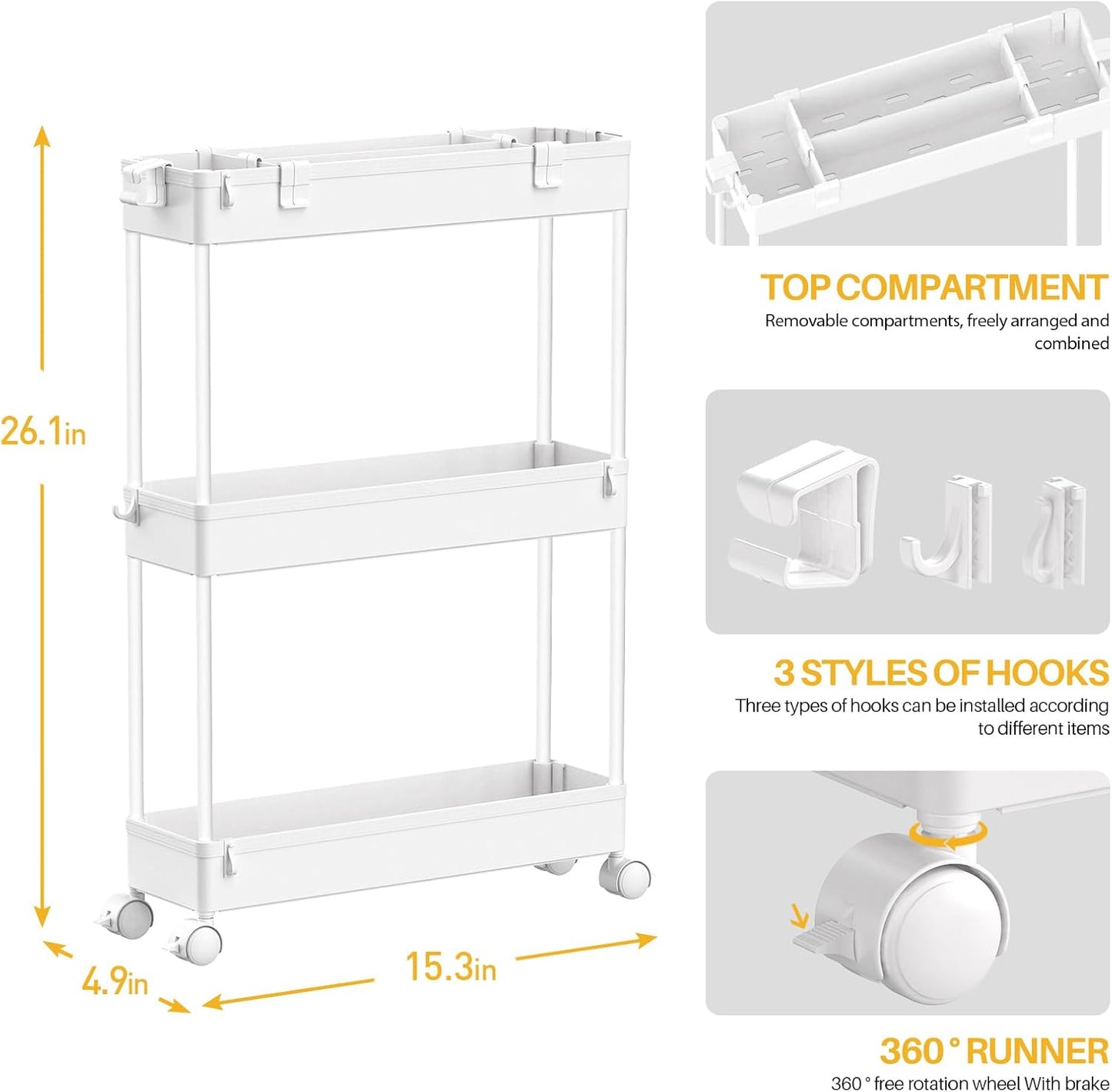 Rolling Utility Cart Slim Storage 3-Tier Slide Out Shelving Unit
