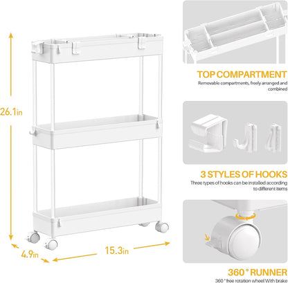 Rolling Utility Cart Slim Storage 3-Tier Slide Out Shelving Unit