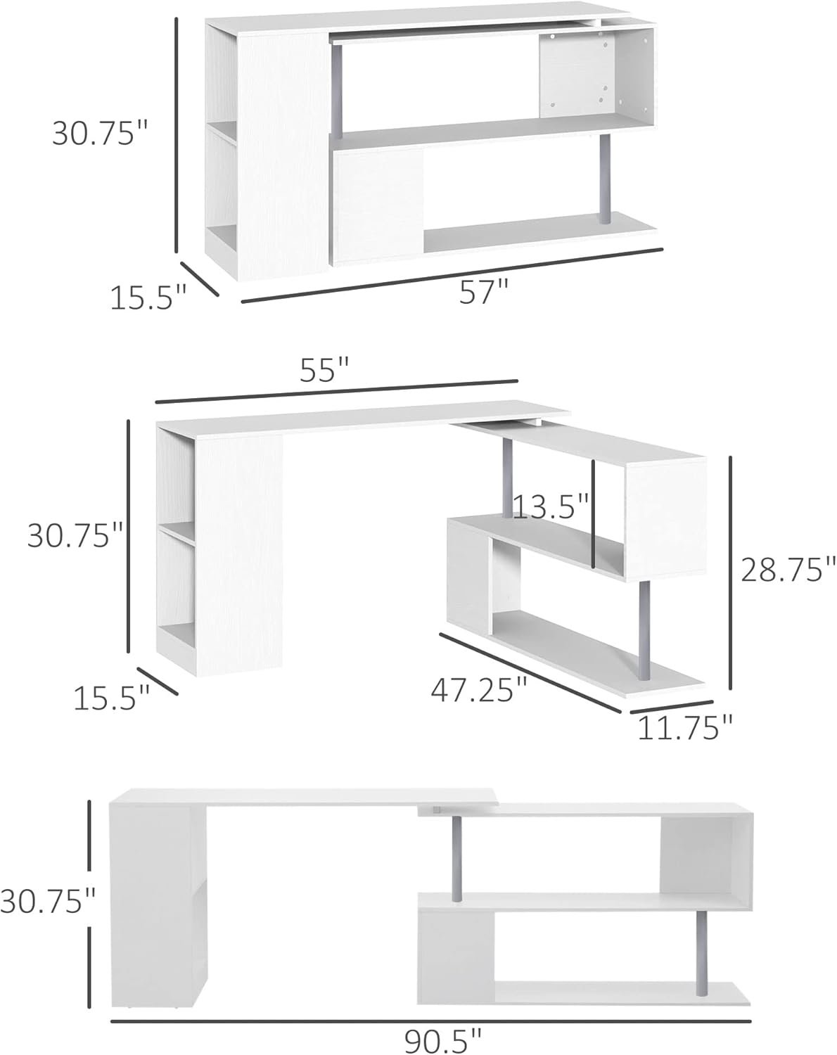 L-Shaped Computer Desk Modern Rotating Corner Workstation, White
