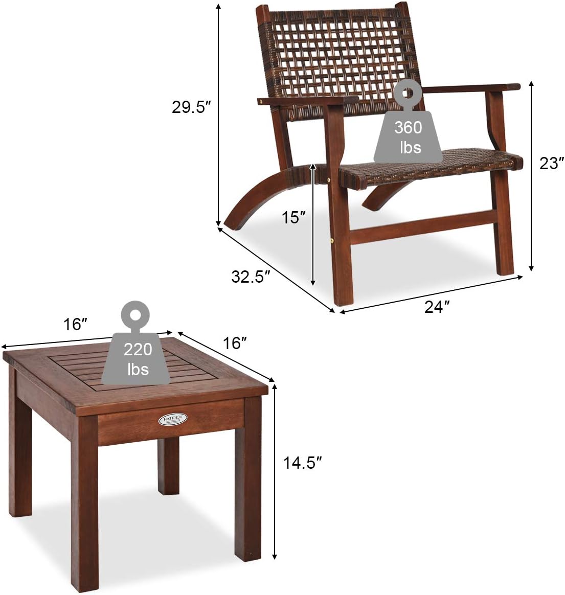 Patio Furniture 3 Pcs Set Solid Wood Frame Chair Coffee Table Set