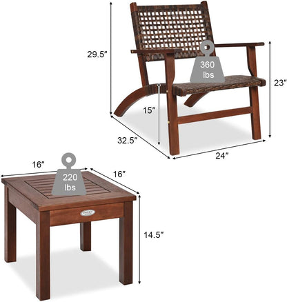 Patio Furniture 3 Pcs Set Solid Wood Frame Chair Coffee Table Set