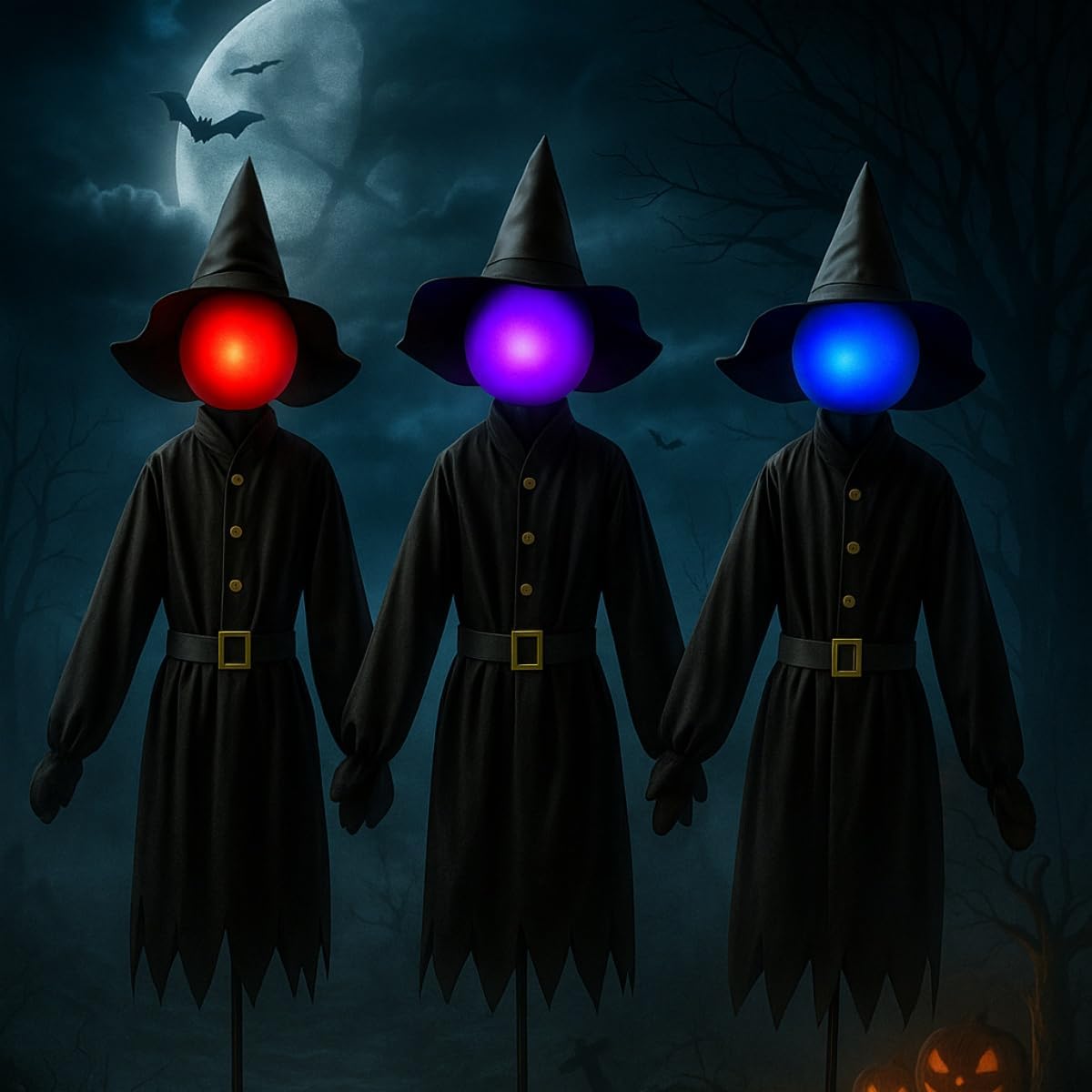 Glowing Face Witches Scary Halloween 3 Light Up 5FT Witches Set