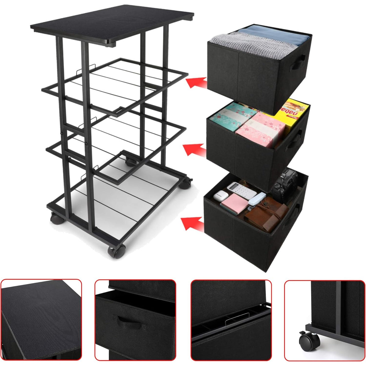 Dresser Storage 3-Drawer Modern Office Tower Cart, Black