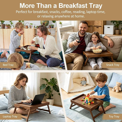 Bamboo Breakfast Tray Set of 2 Folding Legs Bed Sofa Tray, Walnut