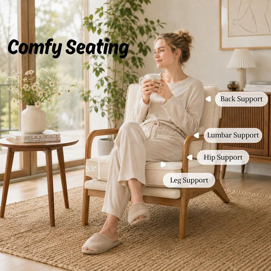 Modern Accent Chair Linen Beige Solid Wood Frame Reading Lounge