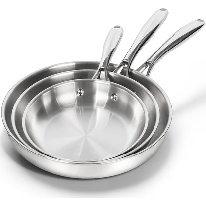 Frying Pan Triply Base Cooking Pan Set 8", 9.5" & 11", Silver