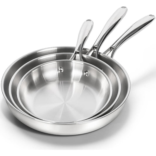 Frying Pan Triply Base Cooking Pan Set 8", 9.5" & 11", Silver