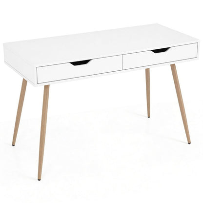 Modern White Writing Desk 2 Drawers Wood Legs 42.5" Home Office