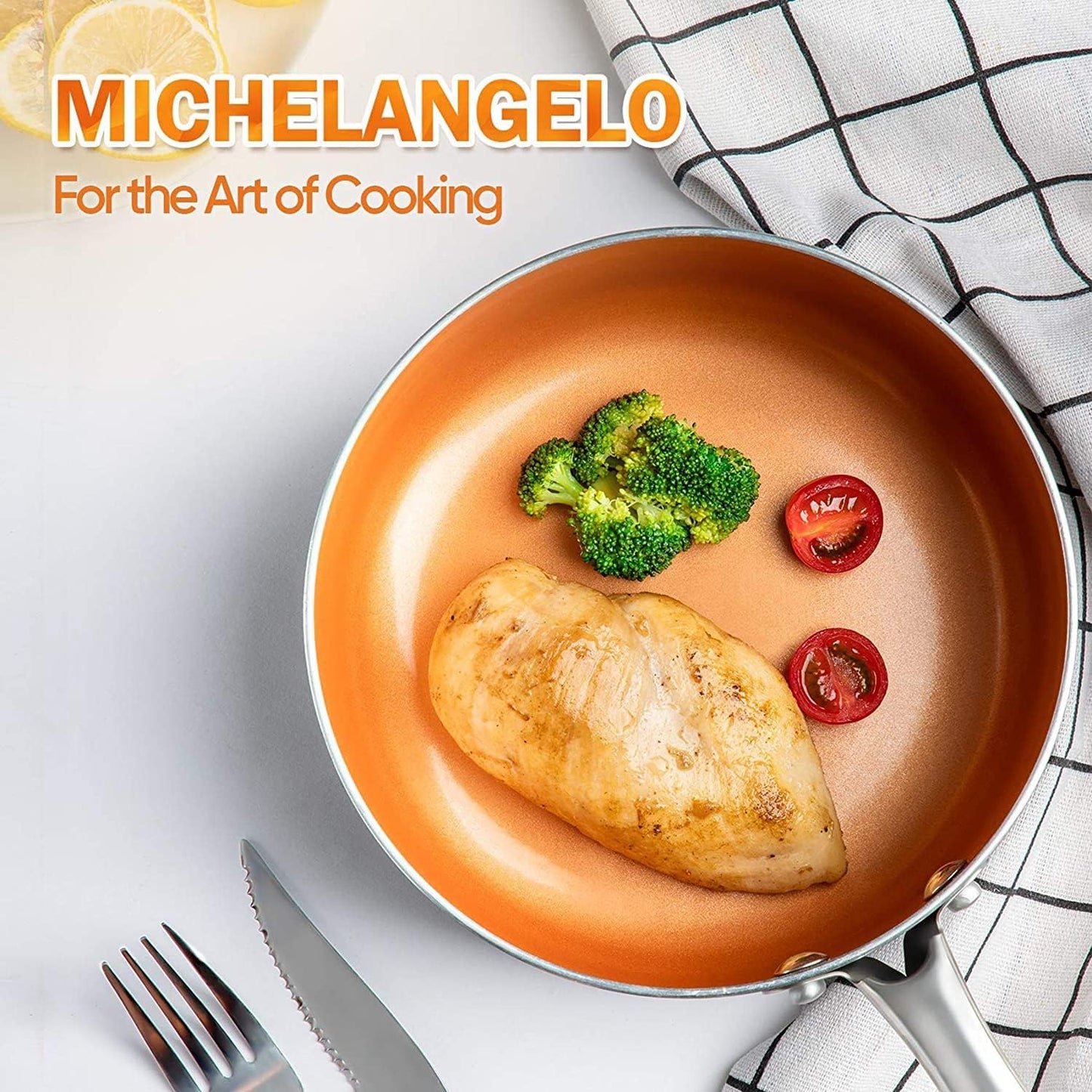 MICHELANGELO Copper Frying Pan W/Lid Nonstick Skillet, 12"