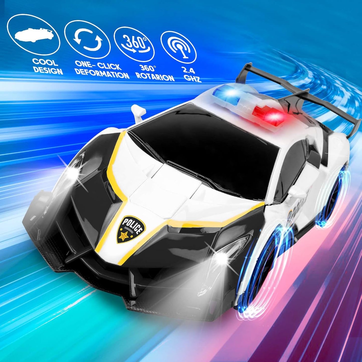 Transformer Robot RC Car One-Button Police Car W/LED Light, Black
