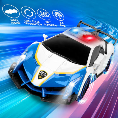 Transformer Robot RC Car One-Button Police Car W/LED Light, Blue