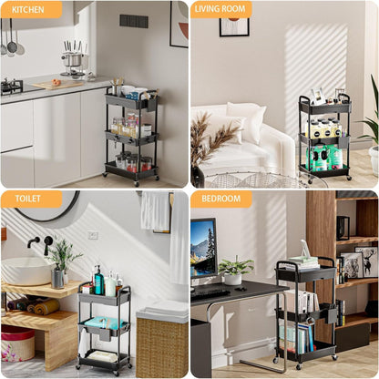 Rolling 3 Tier Utility Cart with Drawer Storage Organizer, Black