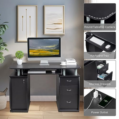 Writing Desk W/Charge Station MDF 3-Drawer Storage Cabinet, Black