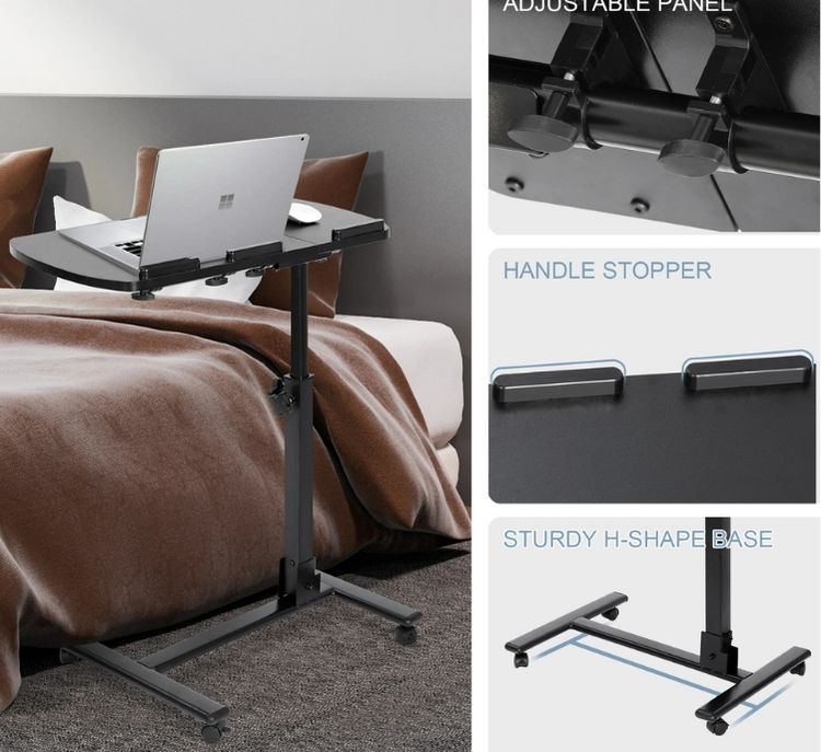 Overbed Desk Bedside Tiltable Tabletop Rolling Table, Black