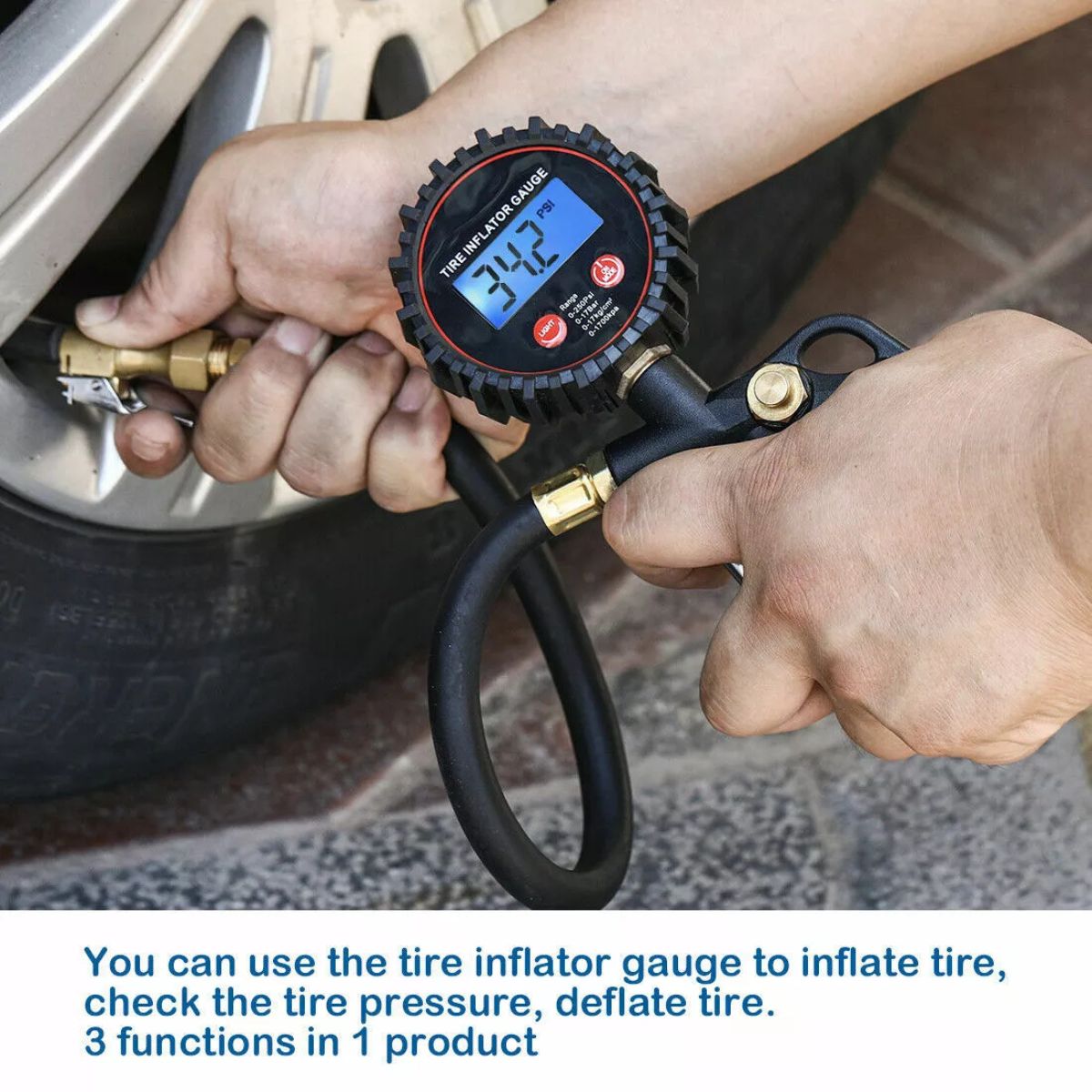 Digital Tire Inflator w/Pressure Gauge Rubber Hose Tire Gauge