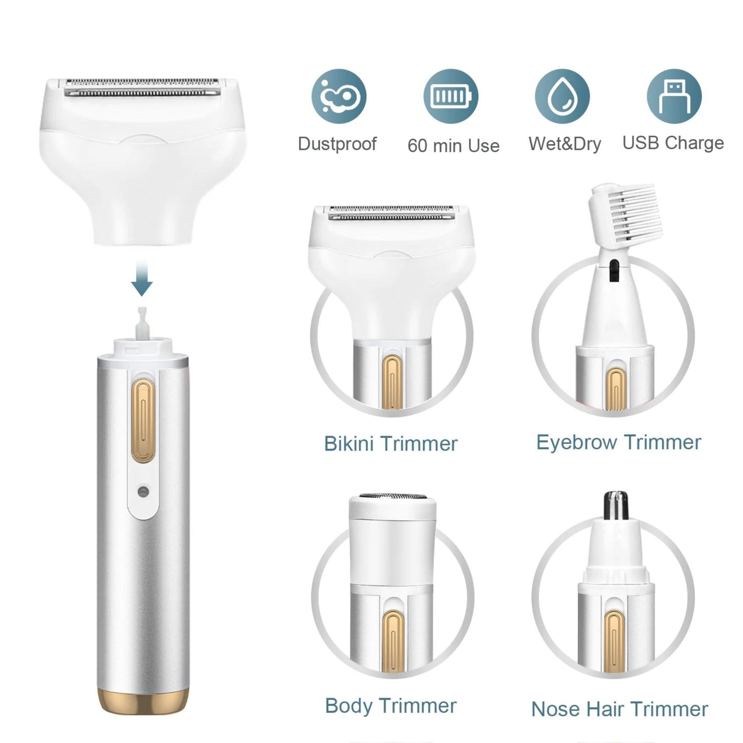 Women 4 IN 1 Grooming Kit Remover Nose Bikini Trimmer, Silver