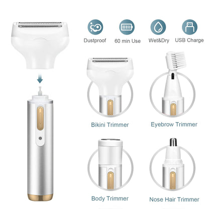 Women 4 IN 1 Grooming Kit Remover Nose Bikini Trimmer, Silver