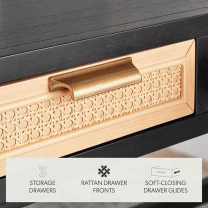 Enzo Writing Desk 3 Rattan Storage Drawers 54"W Desk, Black