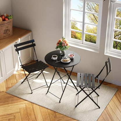 Outdoor Furniture Set 3-Pcs Folding Balcony Steel Frame Set-Black