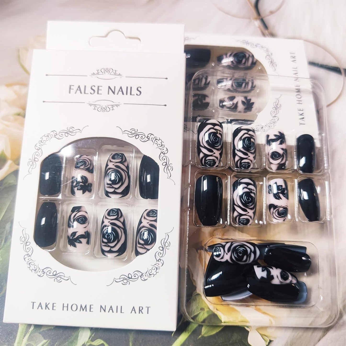 False Nails Rose Flower Acrylic Press Stick On Nails, 24Pcs