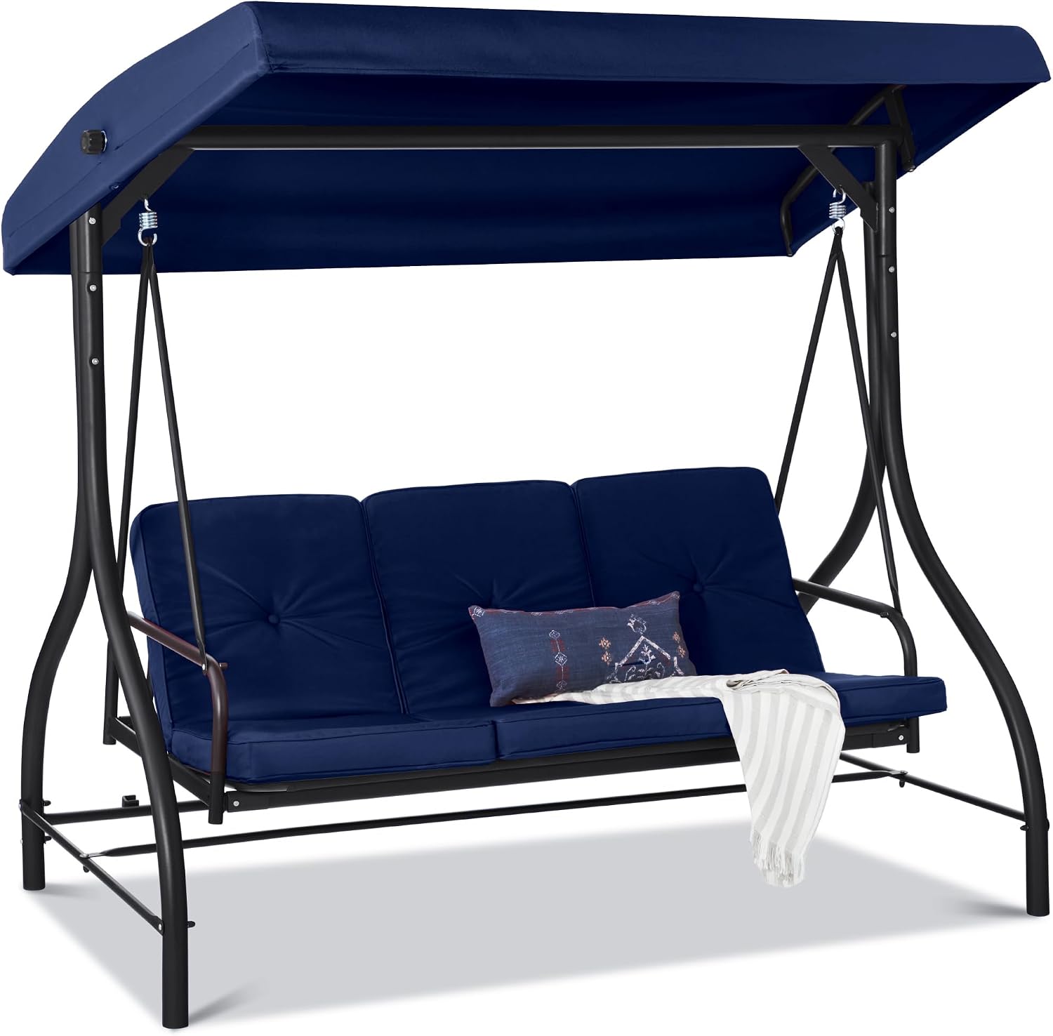 Blue outdoor swing with canopy on a white background