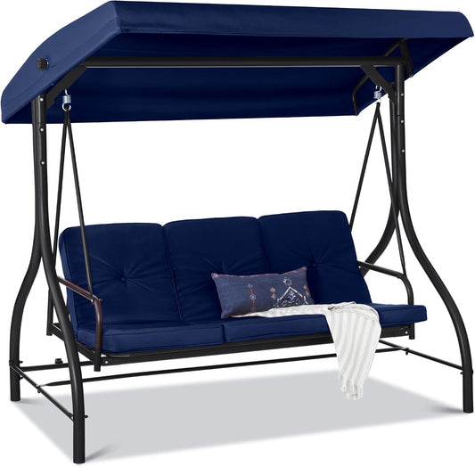 Blue outdoor swing with canopy on a white background