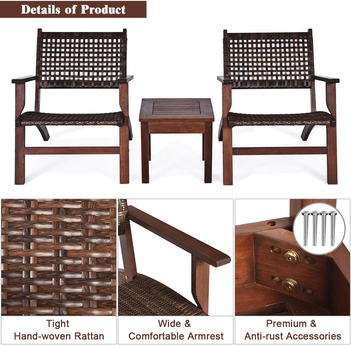 Patio Furniture 3 Pcs Set Solid Wood Frame Chair Coffee Table Set