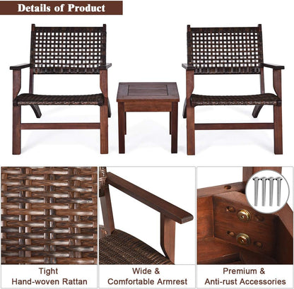 Patio Furniture 3 Pcs Set Solid Wood Frame Chair Coffee Table Set