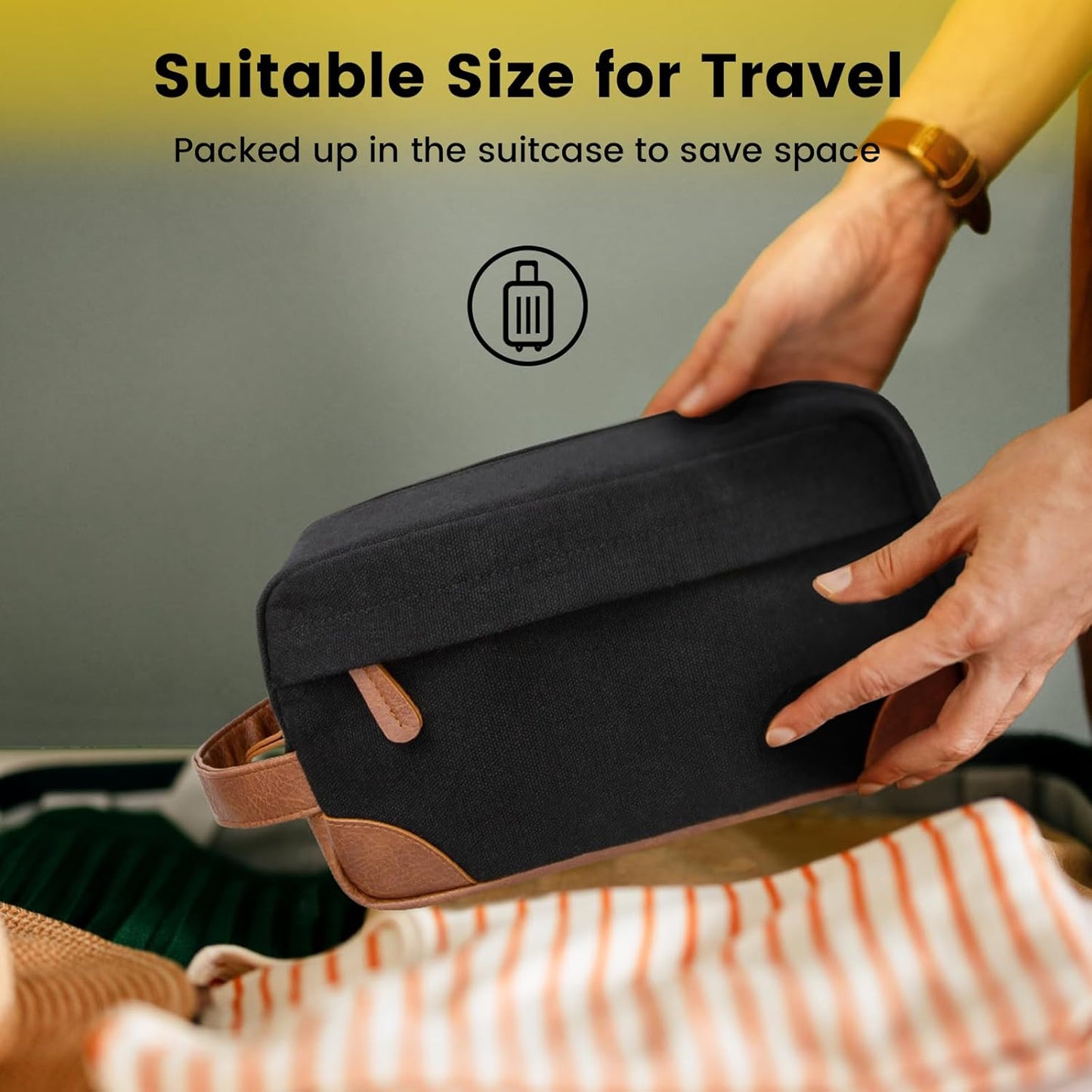 Water Resistant leather Shaving Bag Hanging Kit Toiletry Bag - Black