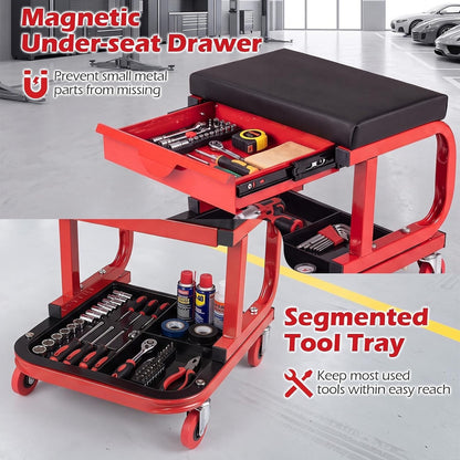 Rolling Mechanic Stool W/Magnetic Drawer & Tool Tray Creeper, Red