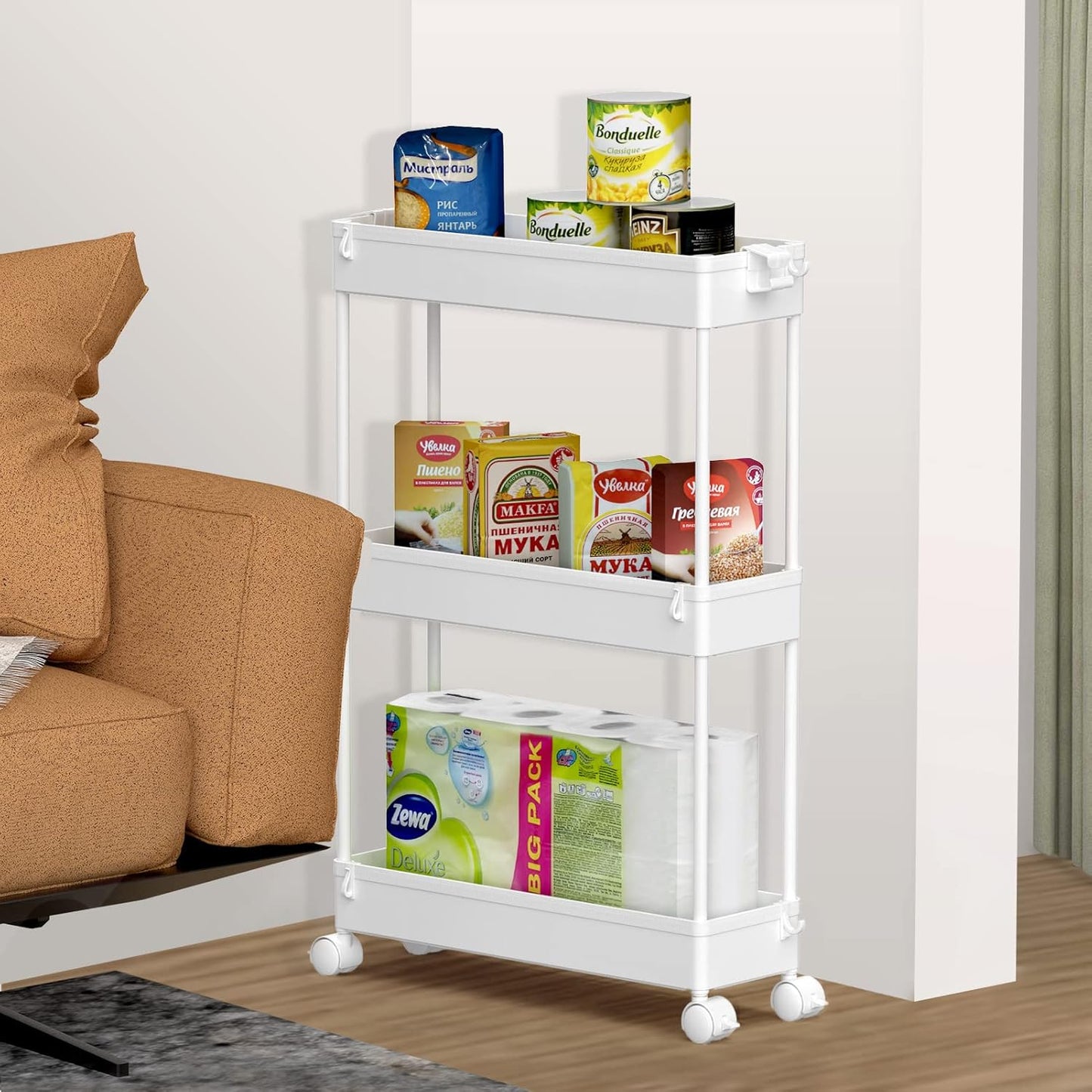 Rolling Utility Cart Slim Storage 3-Tier Slide Out Shelving Unit