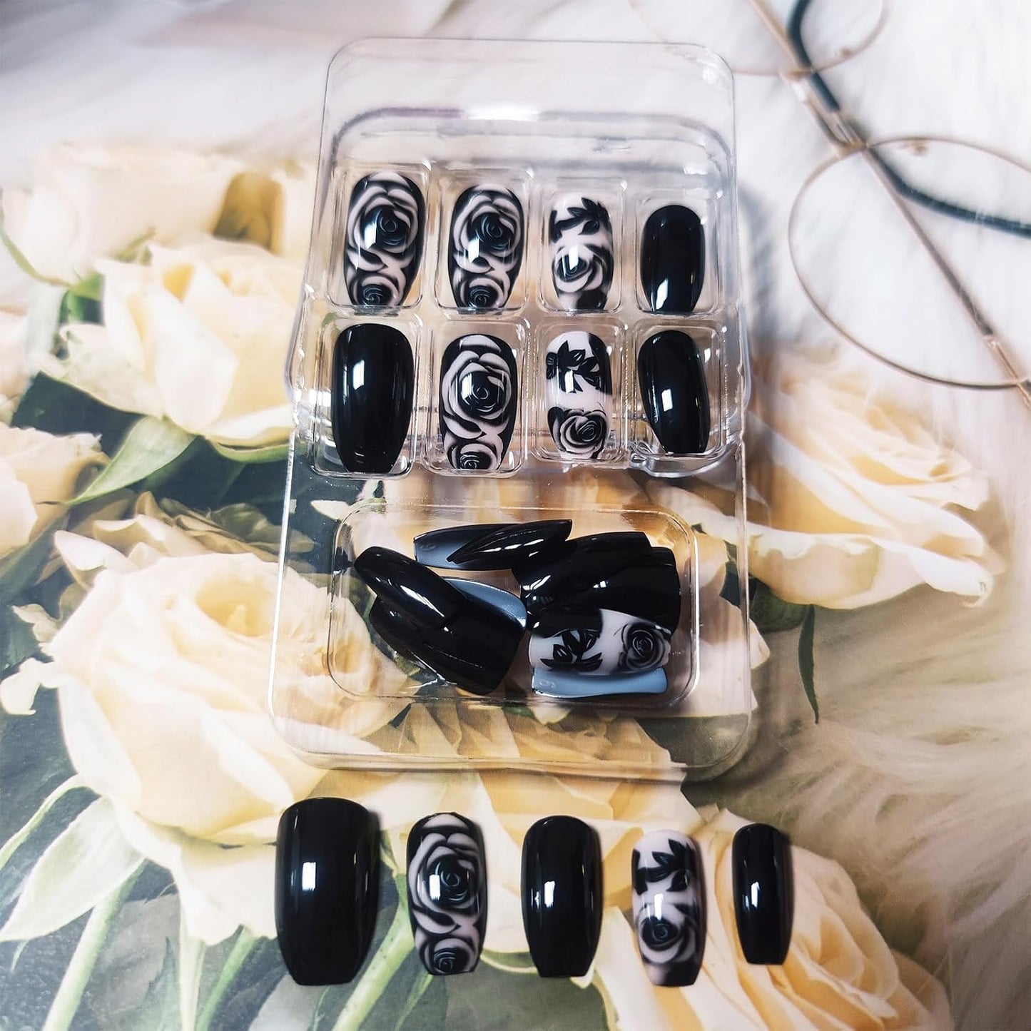 False Nails Rose Flower Acrylic Press Stick On Nails, 24Pcs