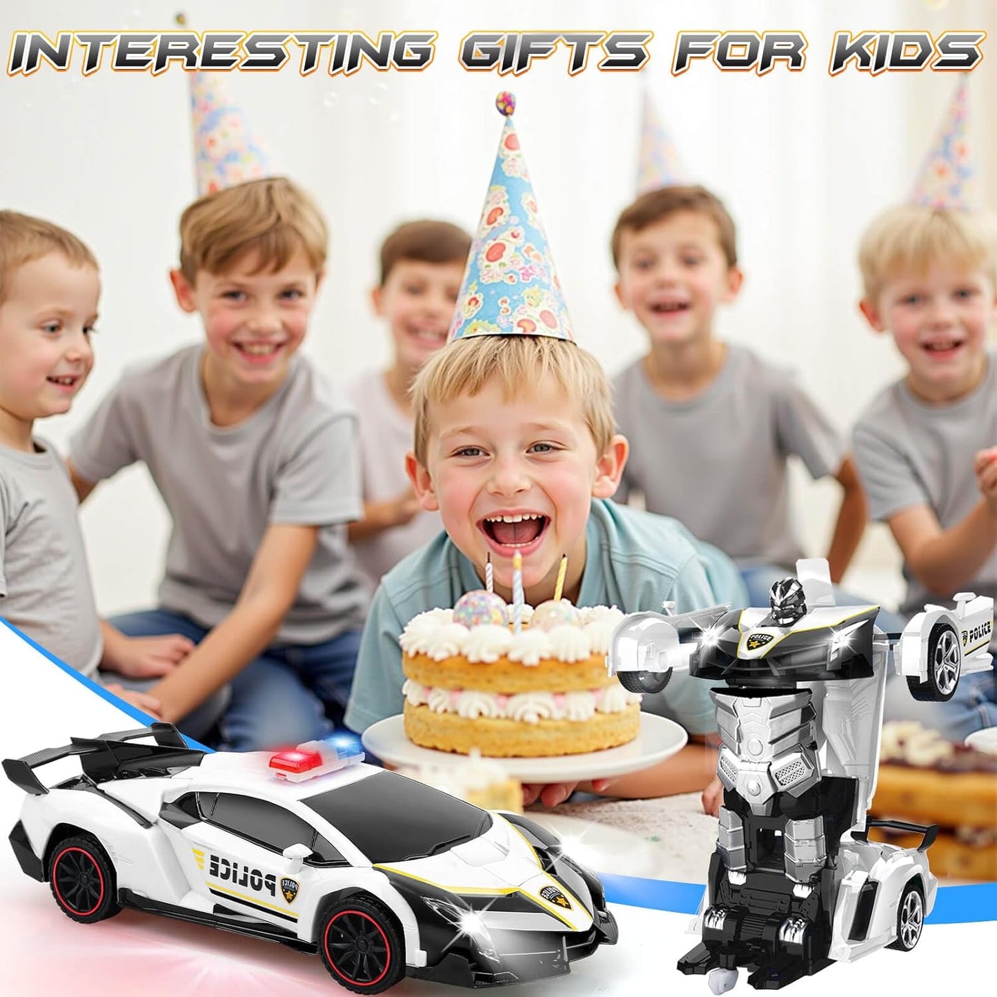 Transformer Robot RC Car One-Button Police Car W/LED Light, Black