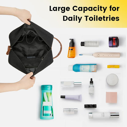 Water Resistant leather Shaving Bag Hanging Kit Toiletry Bag - Black