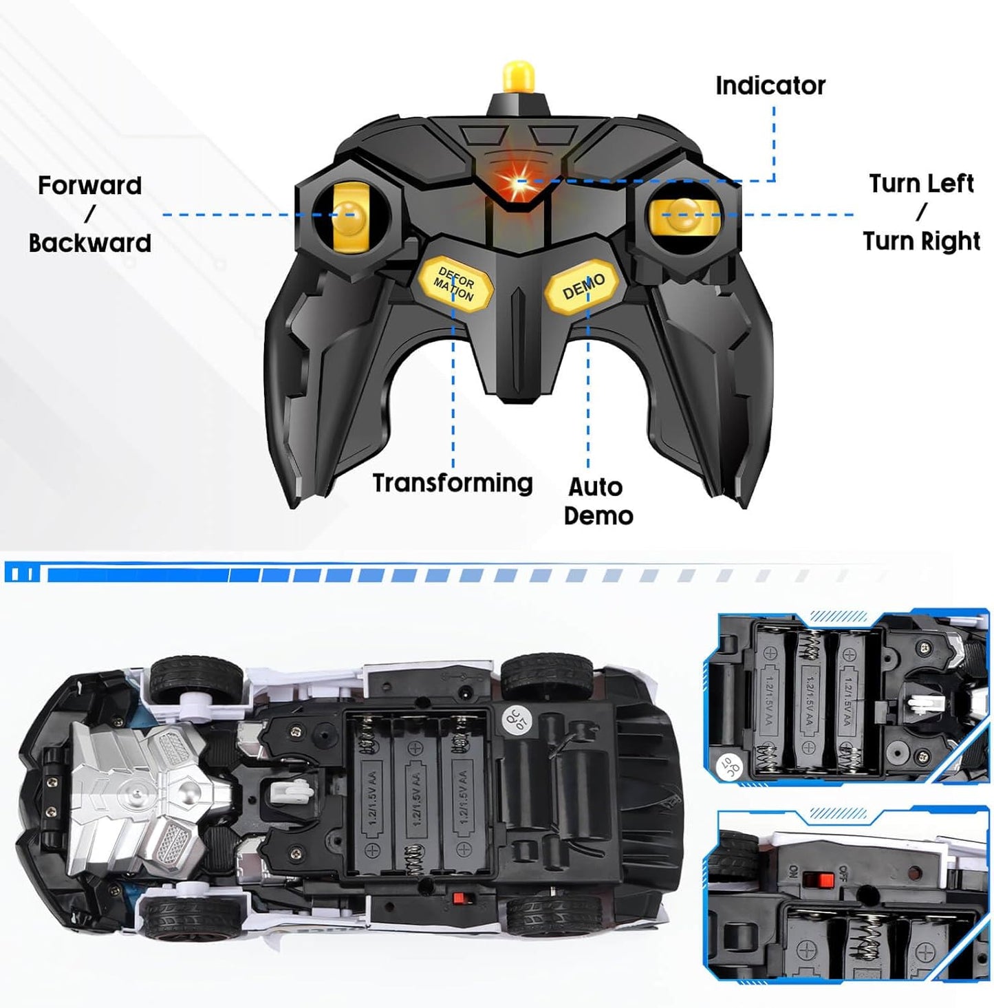 Transformer Robot RC Car One-Button Police Car W/LED Light, Black